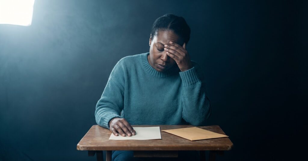 A woman sits alone at a table at night with one hand over her eyes after a credit report dispute denied letter arrives.