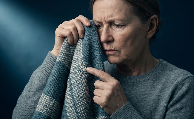 A weaver examines one specific flaw in a length of finished cloth rather than the whole piece.