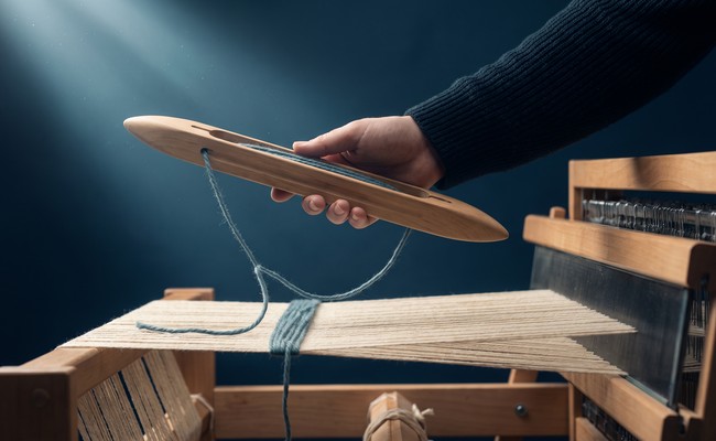 A shuttle carrying fresh yarn is held above the threads of a loom, ready to begin a new pass.