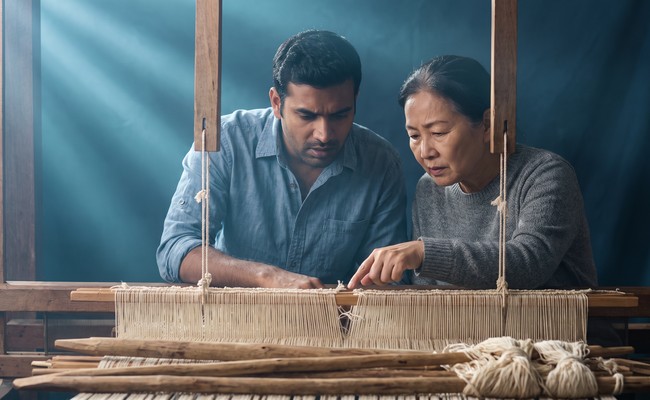 Two weavers examine a loom together as one points to the exact place where a fault begins.