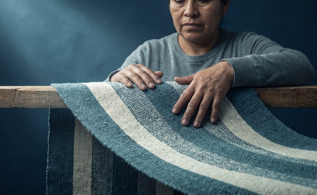 Hands smooth a finished length of handwoven cloth laid over a wooden beam.