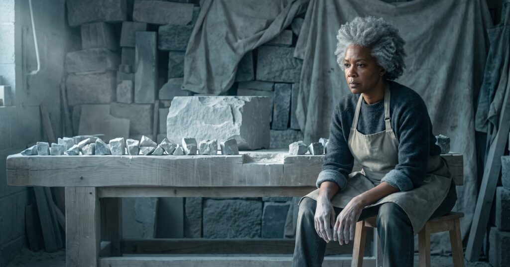 Stone carver sitting beside a long row of stone offcuts marking days of waiting for a unresolved credit report error to be fixed.