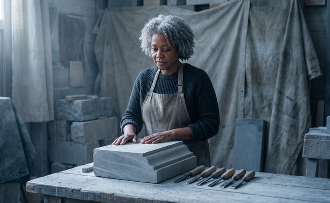 Stone carver standing with both hands resting on an unfinished block, waiting rather than working