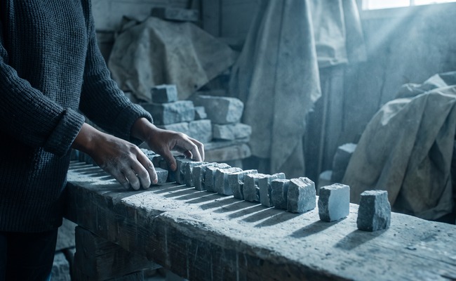 Hands placing another stone offcut at the end of a long row, counting days without writing anything down