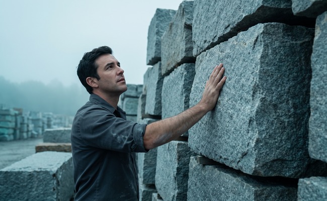 Stone worker in a yard with one hand on an unworked block, choosing where to start again at the source
