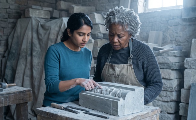 Two stone carvers examining one block together, one pointing at the single place that matters