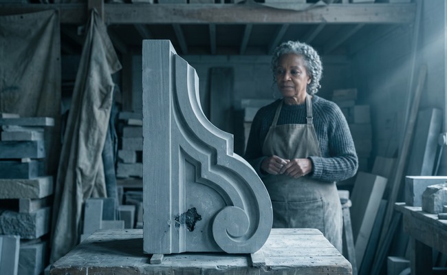 A finished carved stone piece with one dark natural flaw near its base that could not be removed