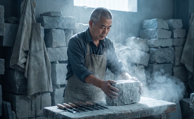 Stone carver setting a fresh rough block onto the bench, beginning again with what he learned