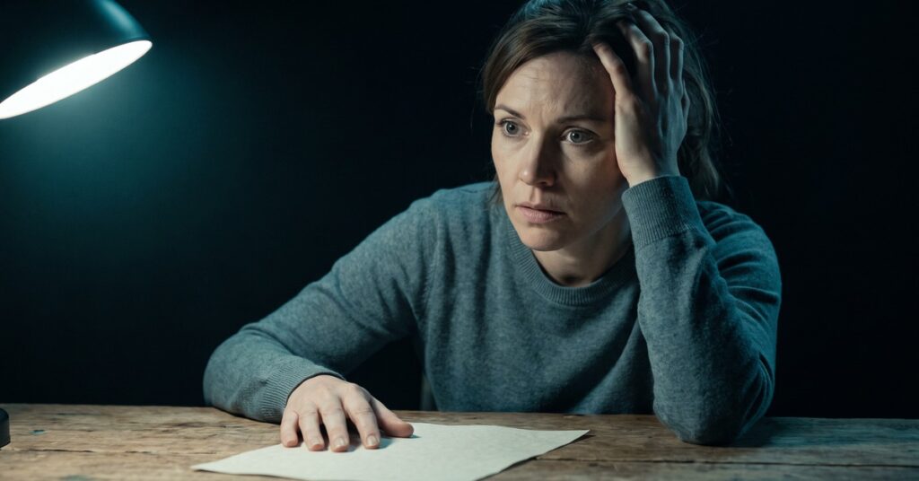 A woman sits alone at a table at night with one hand pressed to her temple after reading unexpected news about how often you should check your credit reports.