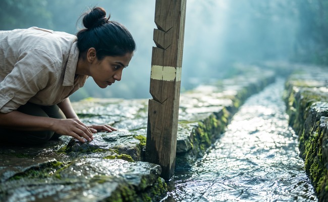 A woman crouches at the waterline to read the level against a notched timber post set in a stone channel wall.
