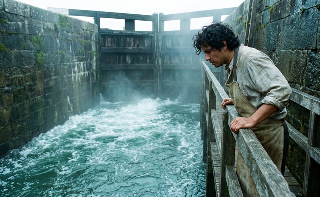A man watches from a timber walkway as water rises fast inside a stone lock chamber with the gates closed.
