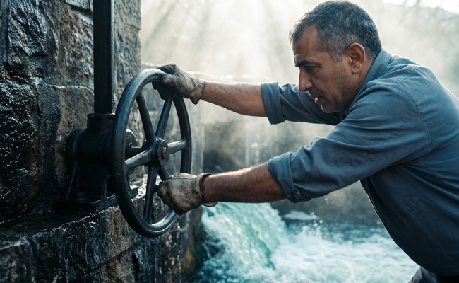 A man turns a cast iron penstock wheel by hand as water begins to move through the opening gate below.
