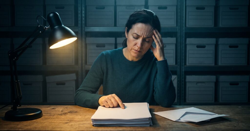 A woman sits at a table at night with one hand pressed to her forehead wondering how to read your credit report