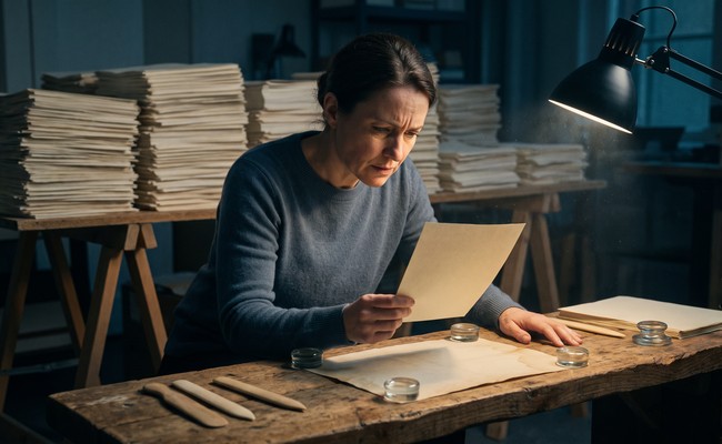 A paper conservator at her bench turning away from her work to read a short letter
