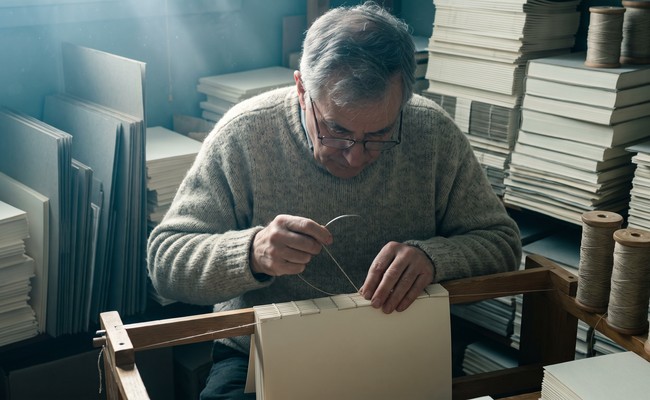 A bookbinder sewing folded sections onto cords at a wooden sewing frame
