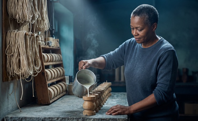 A woman pours pale wax into a row of plain moulds, ordinary work that will leave no record anywhere.