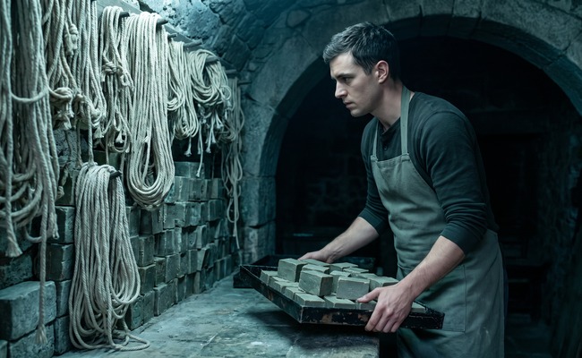 A man carries a tray of finished soap toward a dark opening, work leaving his hands and becoming someone else's business.