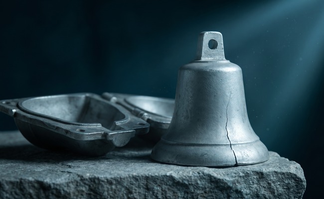 A cast metal bell with a hairline crack rests beside its opened mould, a single pour that cannot be undone.