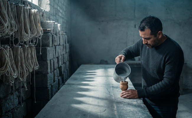A man makes one last pour at the end of a cleared and emptied bench, hurrying at the close of a working day.