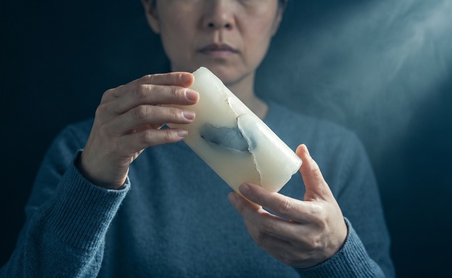 A woman examines a finished candle with a grey flaw set permanently inside the wax, a fault that cannot be lifted out.