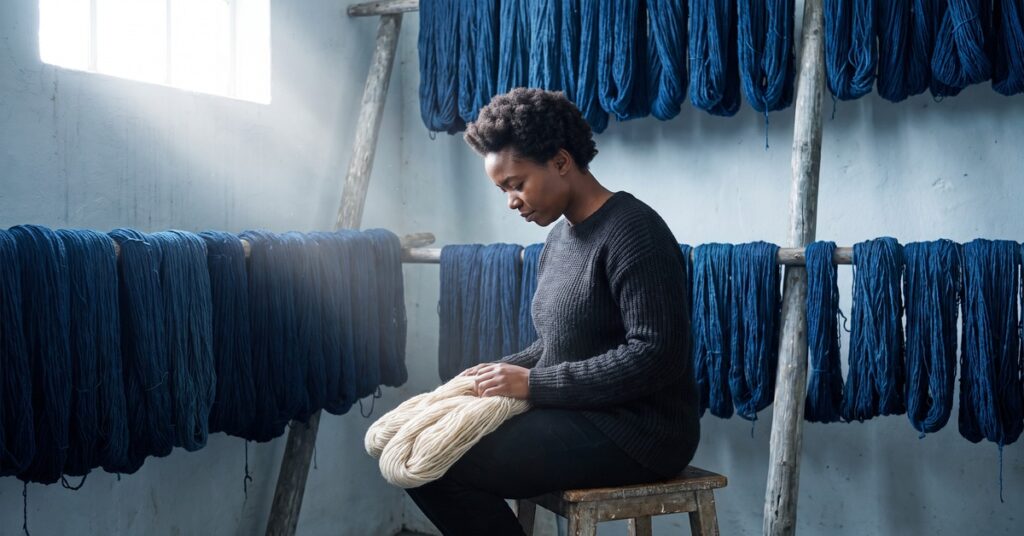 A woman sits alone on a stool in an indigo dye house contemplating if her rent payments build credit.