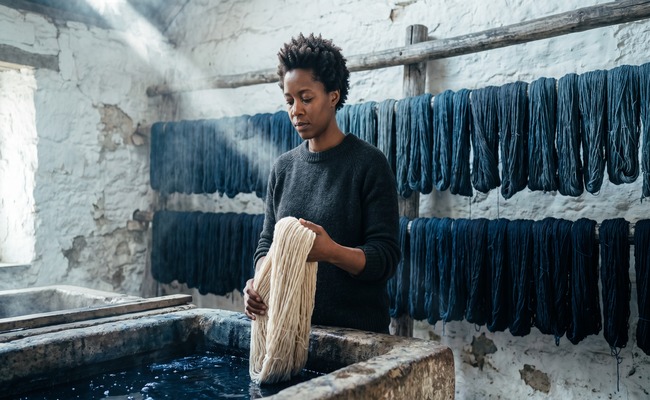A woman in a dye workshop holds a skein of undyed cream wool, looking down at it while rows of dyed navy skeins hang on rods behind her.