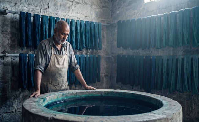 An older man rests his hands on the rim of an indigo vat and looks at its still surface, with dyed skeins filling the wall behind him.