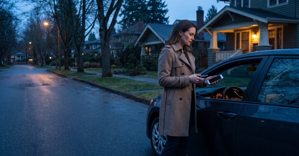 A person borrower facing a possible car loan kill switch warning beside a parked vehicle at dawn
