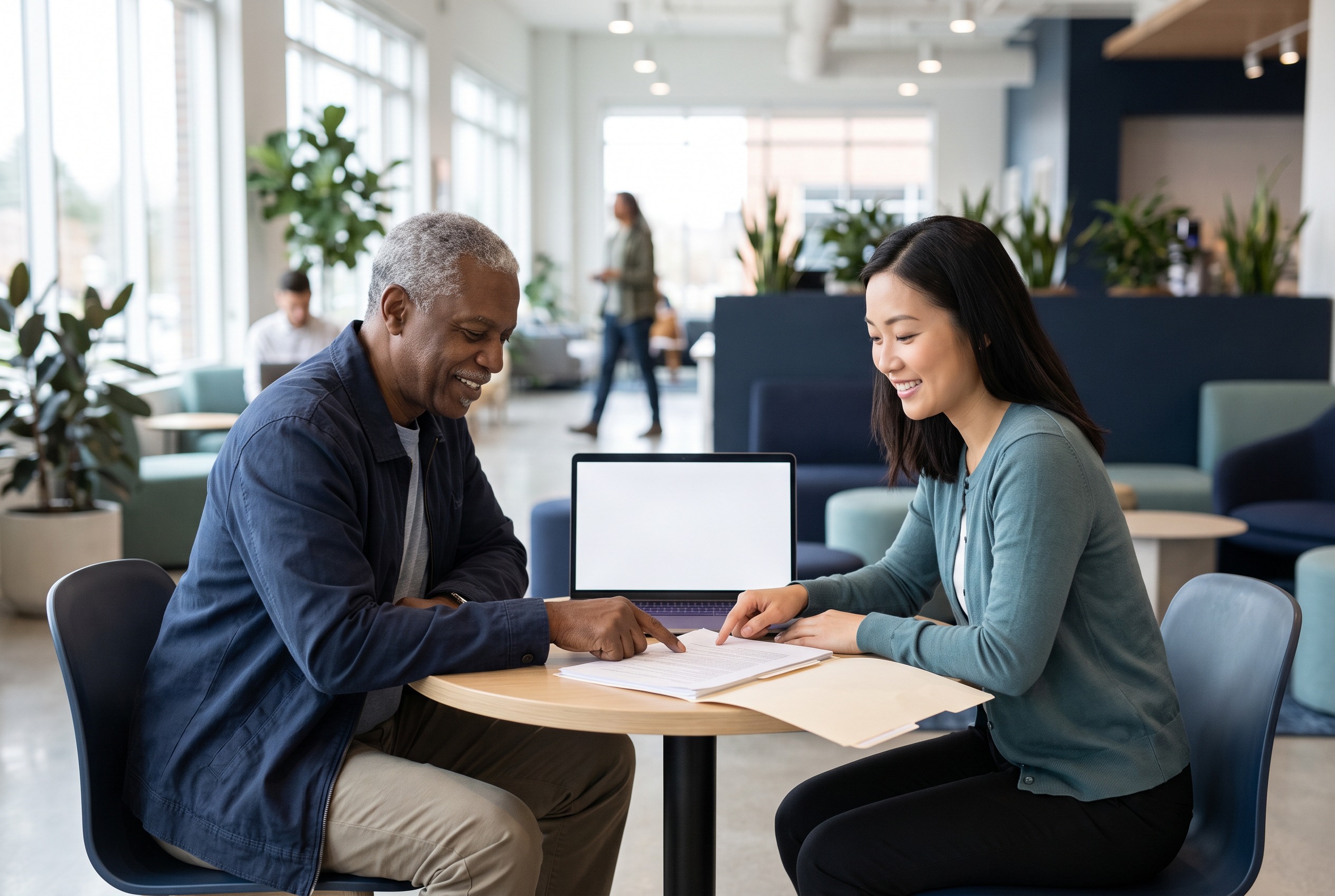 Two adults review practical financial information together in a bright community workspace.
