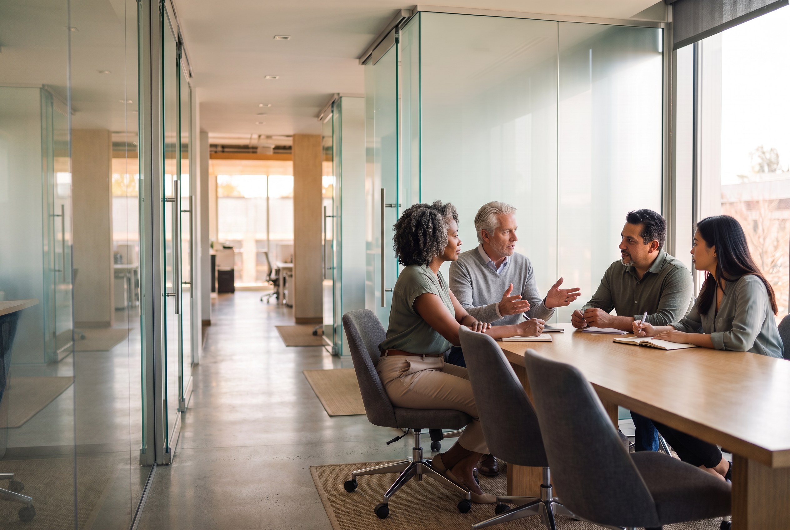 A diverse four-person team discusses financial information around a table in a bright office.