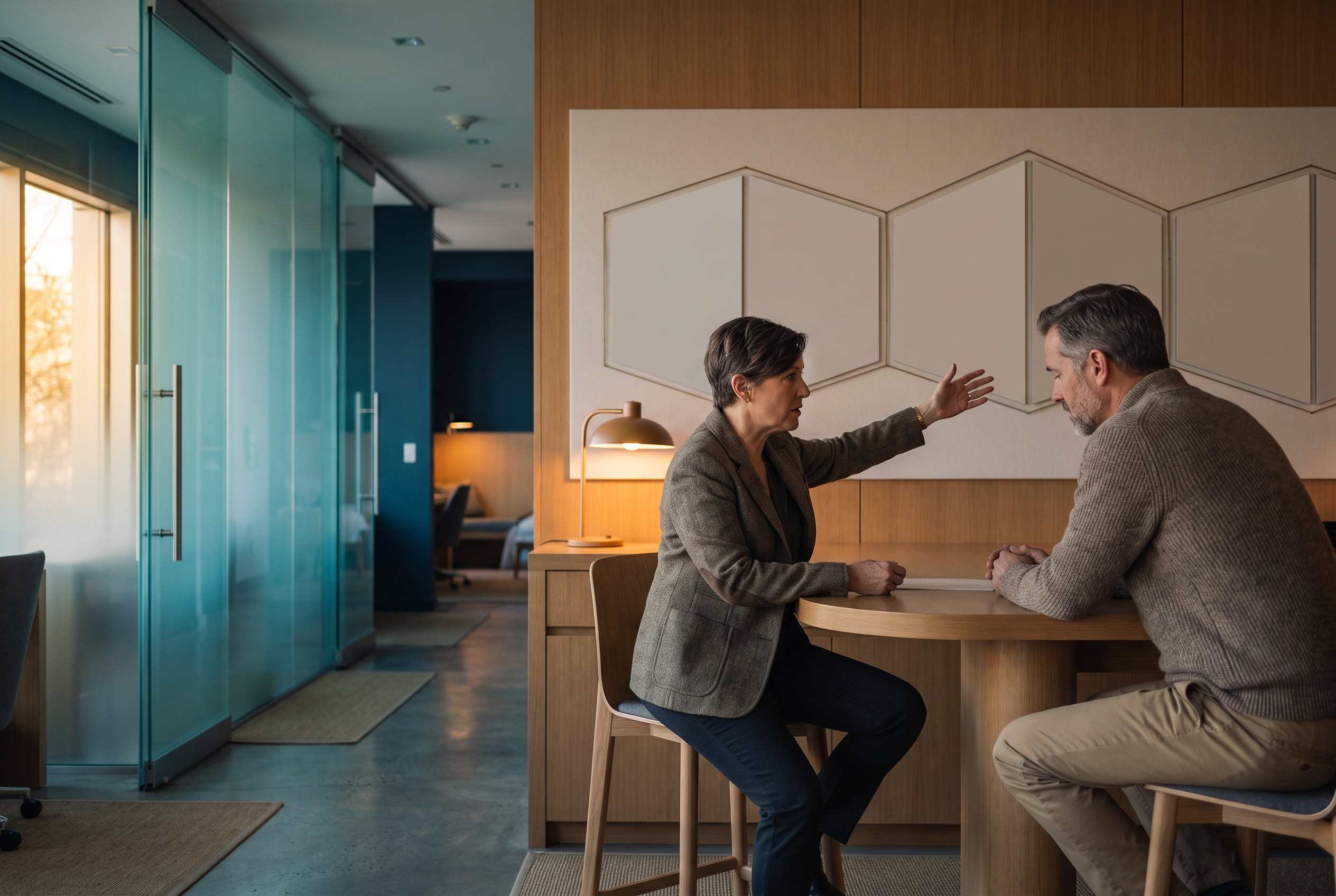 Two adults review a practical article-development process together in a bright workspace.