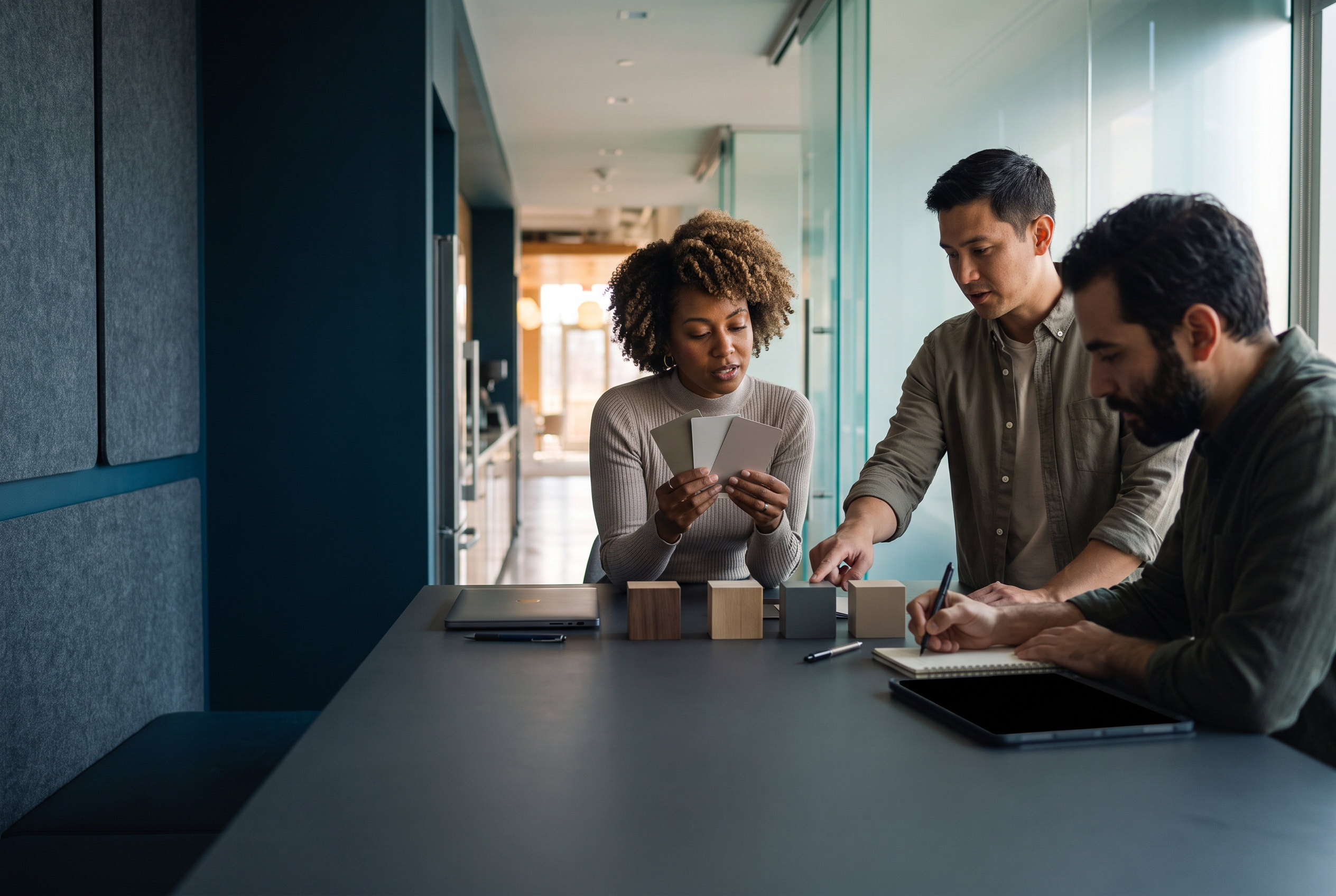 Three adults review practical financial information together at a shared worktable.