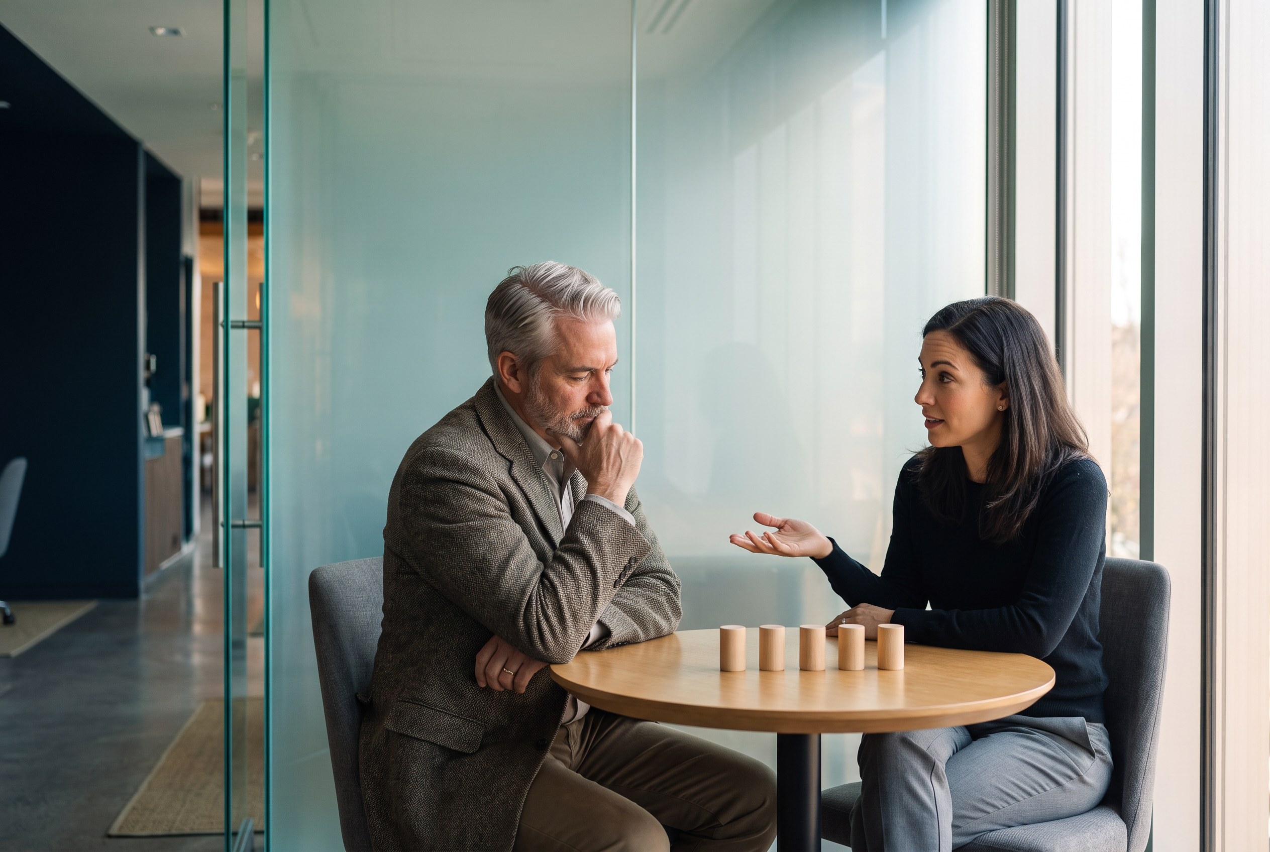Two adults review organized article material together at a table.
