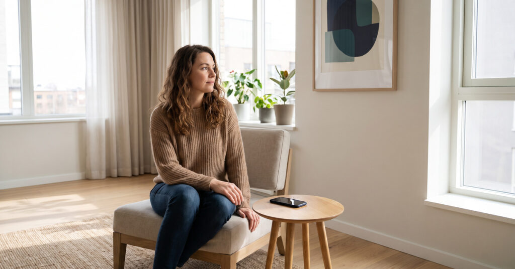 Adult woman pausing with a phone while considering a realistic debt repayment budget in a bright apartment