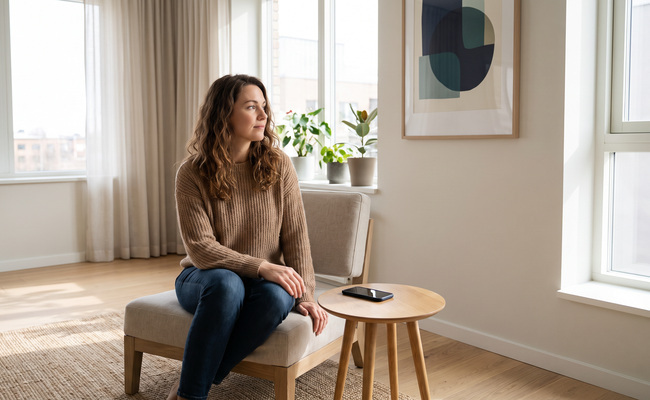 Adult woman seated in a bright apartment living room while pausing before a money decision