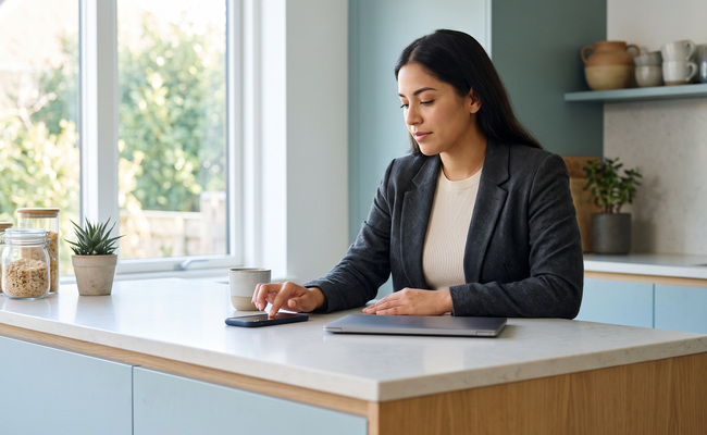 woman using a turned-away phone at a kitchen island to establish a financial starting snapshot