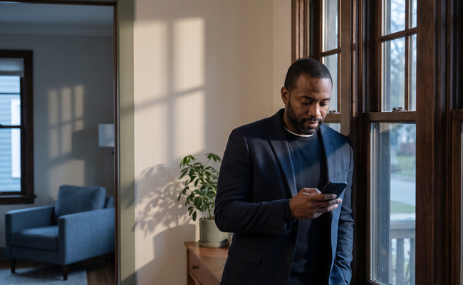 man standing by a home window and checking a quiet financial checkpoint