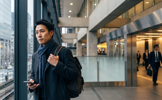 young man pausing with a backpack in a transit concourse before choosing an extra payment