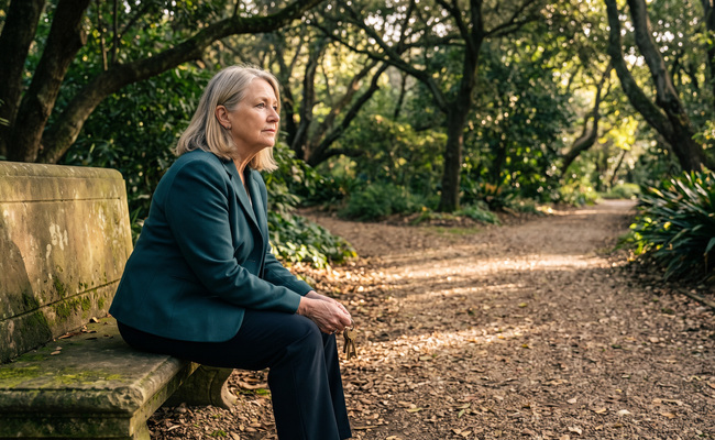 Older woman considering a choice along a branching botanical-garden path