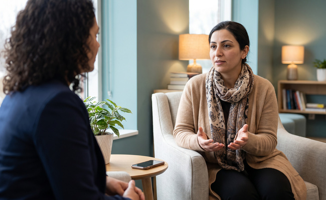 Woman speaking calmly with a counselor in a community resource center