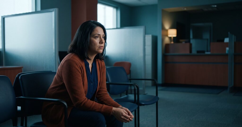 A person sits in a quiet credit-union lobby while questioning whethering credit-repair vs credit-counseling service is legitimate.