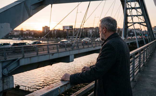 A person looks across a riverside bridge while considering a service’s costs and contract terms.