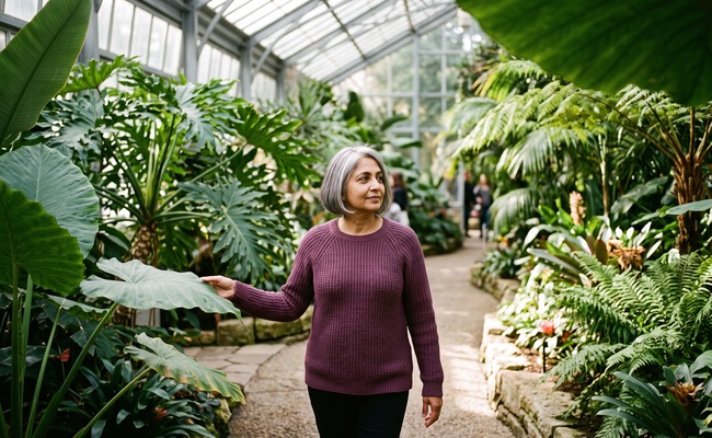 A person walks through a botanical conservatory while considering broader counseling support.