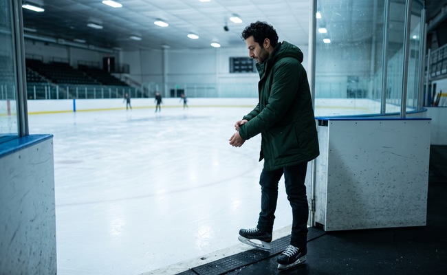 A person prepares at an ice rink while considering a self-directed next step.