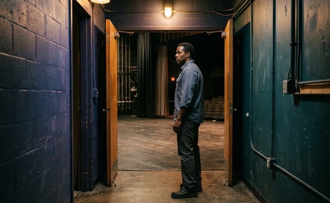 A person pauses at a backstage theater threshold while considering the least risky path forward.