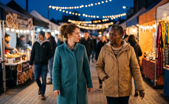 Two people walk through a night market while discussing a final legitimacy question.
