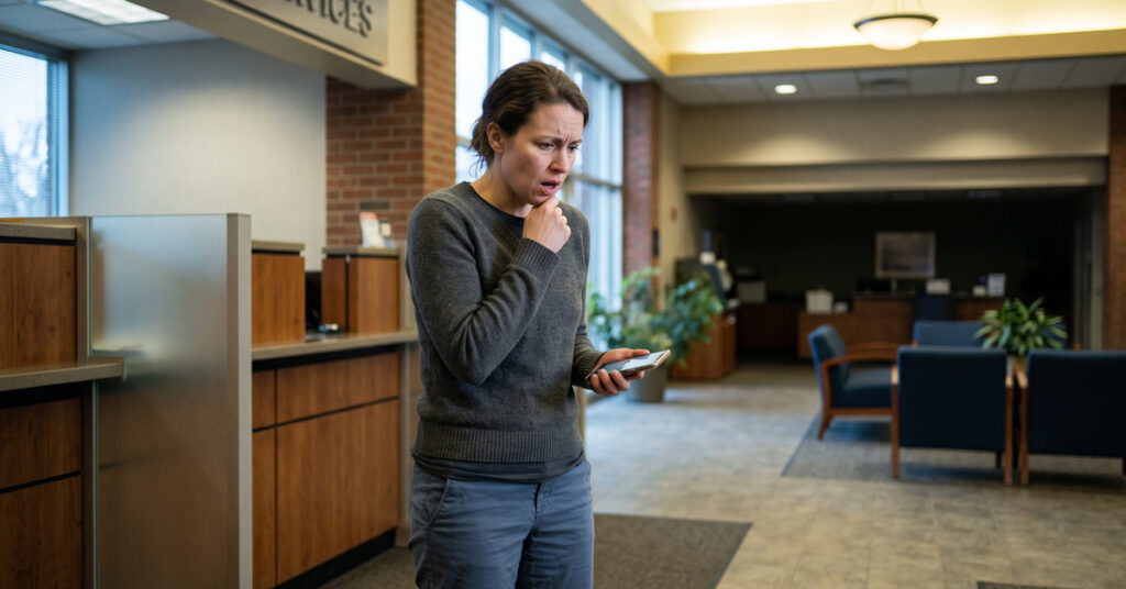 A person stands in a credit-union lobby after realizing they may miss a credit card payment.