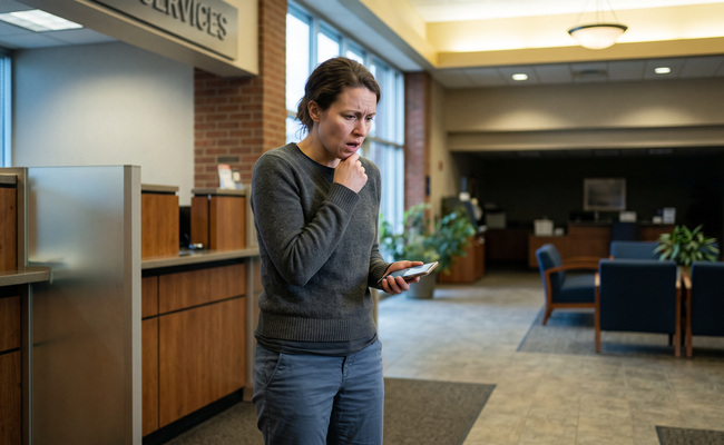 A person holds a phone down in a credit-union lobby after realizing they may miss a credit card payment.