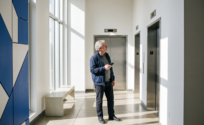 A person checks a phone in a bright elevator lobby while confirming payment timing.