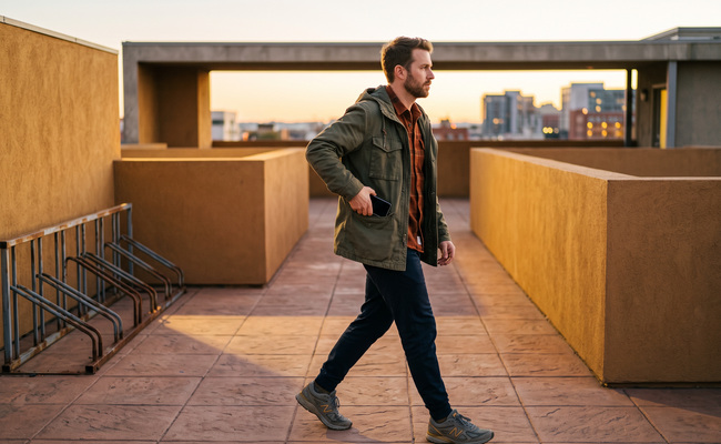 A person walks across a rooftop courtyard at sunrise after setting a payment reminder on a phone.